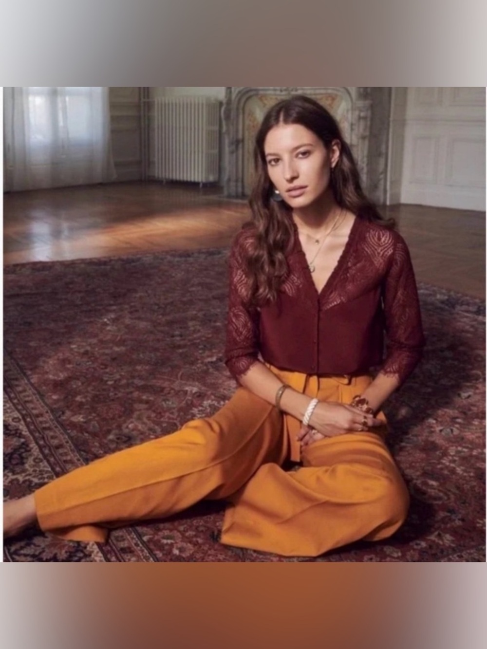 Sezane Margaret Bordeaux Red Silk Lace Sleeve Blouse Shirt Top - Picture 2 of 14